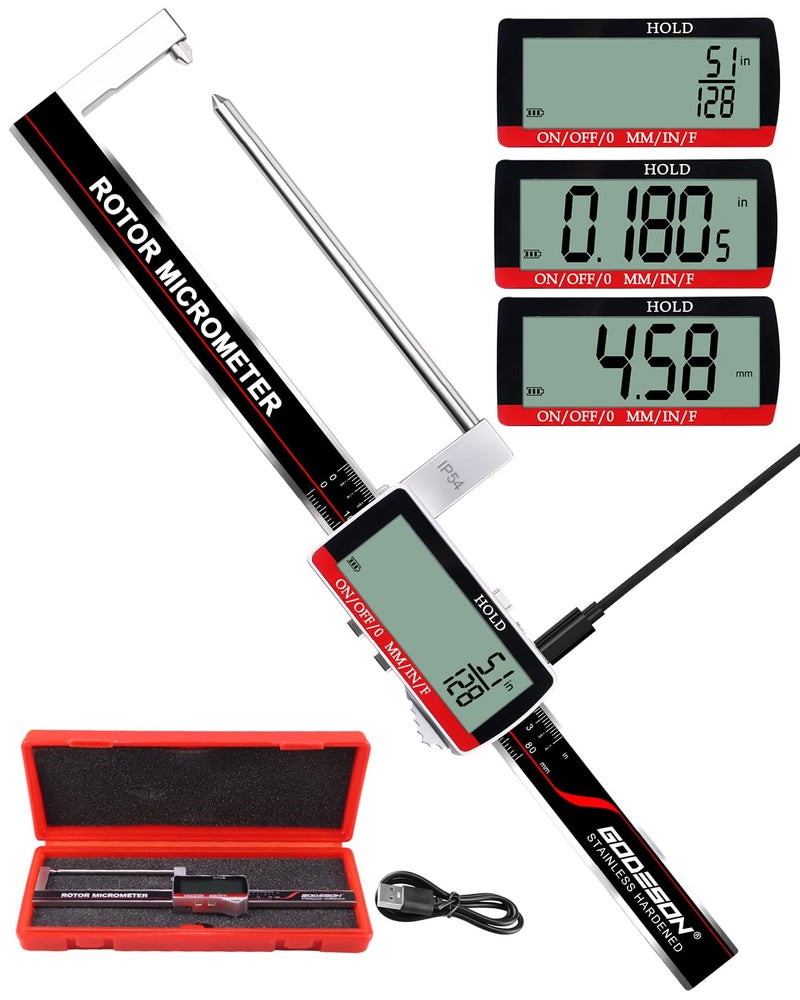 GODESON Brake Rotor Gauge, Rechargeable Digital Caliper 3.25-Inch ±0.03mm Accuracy, Stainless Steel Body, Large LCD Display with Hold, mm/inch/F Units, IP54, Measures Discs Without Removing Wheels - Image 1